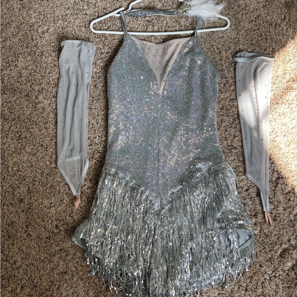 Silver Sequin Fringe Costume with Gloves